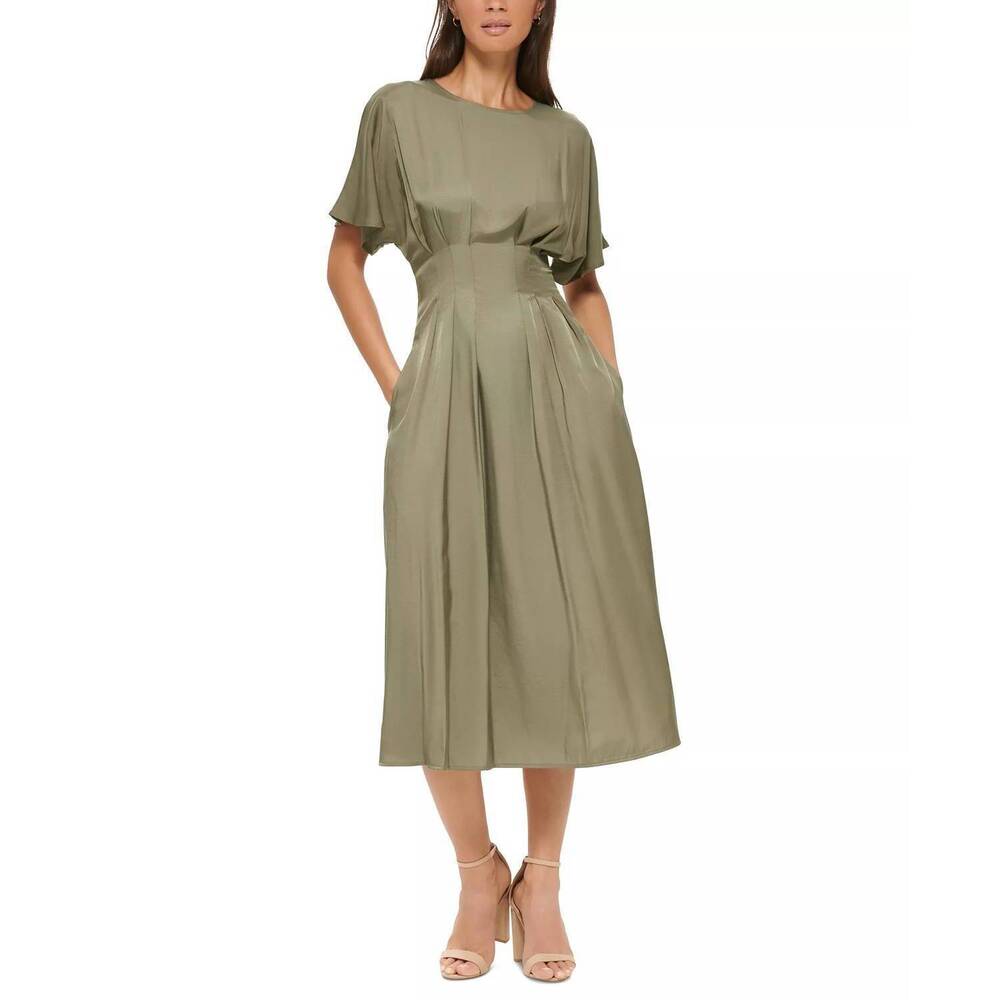 kensie pleated midi dress Kensie Short Sleeve Smocked Waist A-Line Midi Dress